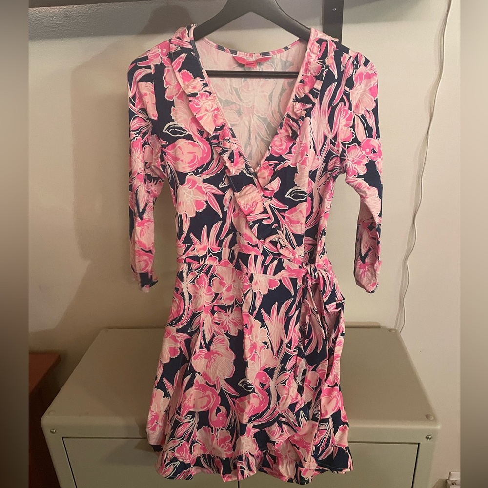 Lilly Pulitzer Jessalynne Wrap Romper S Ruffle Stretch Inky Navy Flamingo